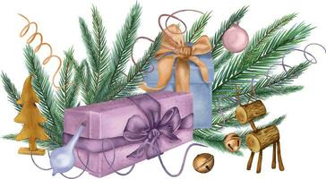 composición de regalo cajas, Navidad decoraciones digital ilustración acuarela estilo aislado en blanco. abeto rama, ciervo, campanas mano dibujado. elemento para día festivo, 2024 nuevo año saludo diseño vector