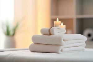 relajación y rejuvenecimiento - spa esenciales - blanco toallas y un ardiente vela - generativo ai foto