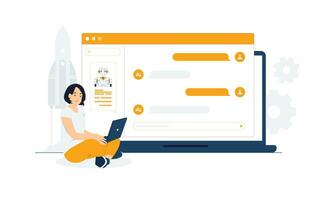 Woman using a laptop computer chatting with an artificial intelligence asks for the answers. Chat Bot, AI technology concept illustration vector