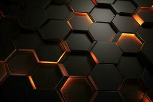 Abstract 3d rendering of hexagon background. Dark and orange hexagons. Abstract hexagonal geometric ultra wide background. Structure of lots of hexagons of carbon fiber , AI Generated photo