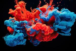 Colorful ink in water isolated on black background. Abstract background. Acrylic blue and red colors in water. Ink blot. Abstract black background, AI Generated photo