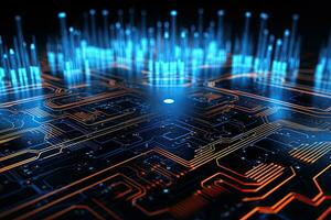 Circuit board closeup. Technology background. 3d rendering, Abstract technology and circuit board wallpaper with digital glowing waves and patterns, AI Generated photo