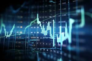 financiero grafico en resumen pantalla y representar valores mercado análisis. 3d representación, resumen valores mercado datos en digital pantalla, de cerca con selectivo atención y Bokeh, ai generado foto