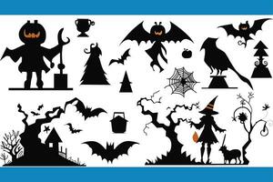 Set of black Halloween silhouettes. Collection of Halloween-themed items in black bold graphic style with witches, pumpkins, and scary characters. Vector illustration isolated on white