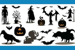 Happy Halloween icons set, black silhouette style. Isolated on white background. Halloween collection of design elements with pumpkin, spider, zombie, skull, coffin, bat. Vector illustration