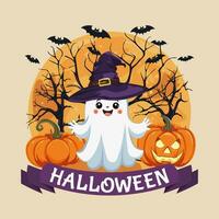 Festive square postcard for Halloween. A cute ghost with witch hat, a bat, a magic tree, a ribbon banner, a pumpkin jack o lantern on the background of the moon. Vector illustration.