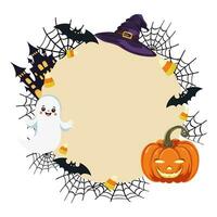 Round frame with Halloween items. Lantern pumpkin cute ghost spider web haunted house candy corn bat. For badges, postcards, invitations, banners. Vector illustration.