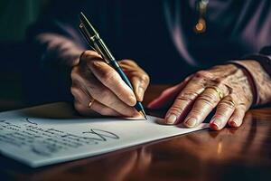 Elderly man taking notes - Generative AI photo