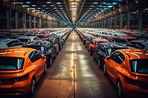 Multitude of Cars Stored in Warehouse Parking Lot of Auto Plant - Generative AI photo