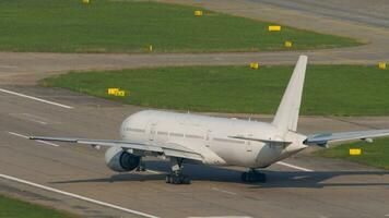 Passenger jet wide body aircraft on the runway. The plane is ready to take off. Flight, airport video