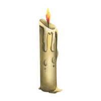 A simple candle with a burning flame, drops and smudges of wax. Hand drawn watercolor illustration for day of the dead, halloween, Dia de los muertos. Isolated object png