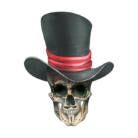 Ornamented human skull in a black top hat with a red ribbon. Hand drawn watercolor illustration for day of the dead, halloween, Dia de los muertos. Isolated object png