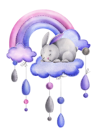 Cute bunny, sewn from fabric with thread stitches, sleeping on a rainbow with clouds and hanging raindrops. Watercolor illustration hand drawn. Isolated composition png