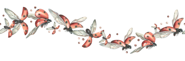 rot Marienkäfer mit schwarz Punkte fliegend mit Beeren. Aquarell Illustration, Hand gezeichnet. nahtlos wellig Tafel png