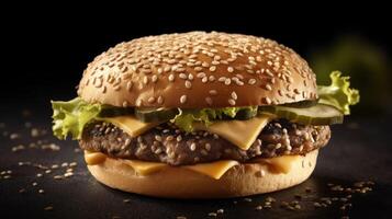 Burger, cheeseburger, with meat cutlet, cheese, lettuce and tomato, on a black background AI Generative photo