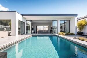 External view of a contemporary house with pool at dusk 3D rendering photo