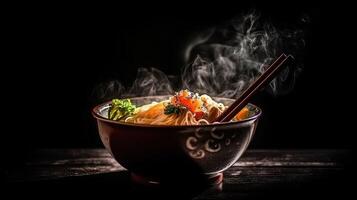 japonés ramen sopa con pollo, huevo, cebollín y brote en oscuro antecedentes ai generativo foto