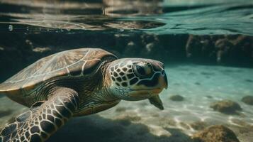 Turtles swimming under the sea AI Generative photo