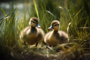 patitos en el medio de el césped ai generativo foto