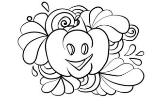 Coloring page with laughing pumpkin and doodle patterns, linear outline pattern for halloween activity vector