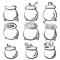 Outline set of witches cauldrons in doodle style, magical utensils for brewing potions vector