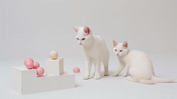 White cat playing with toys in a white room photo