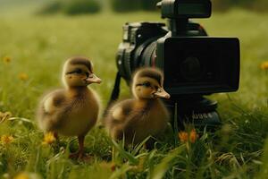 Ducklings in the middle of the grass with the camera AI Generative photo