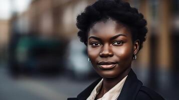 a beautiful black woman with short hair and a black jacket photo