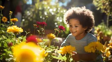 Little boy gardening with landscape full of flowers on warm sunny day. Family activity. Gardening and farming concept photo