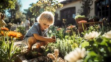 Little boy gardening with landscape full of flowers on warm sunny day. Family activity. Gardening and farming concept photo