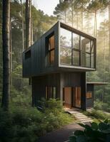 A modern home nestled in a lush forest Generative AI photo