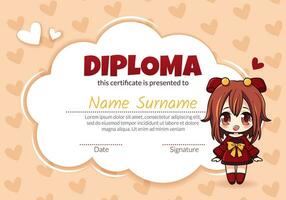 Colorful school and preschool diploma certificate for kids in kindergarten or primary grades with cute cartoon anime girl. Vector flat illustration for children.