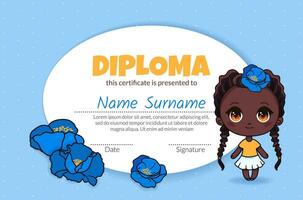 Colorful school and preschool diploma certificate for kids in kindergarten or primary grades with cute cartoon anime African American girl in dress with poppy flowers. Vector flat art for children