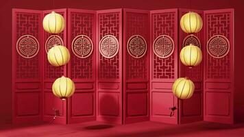 Ancient Chinese door with glow lanterns, 3d rendering. video