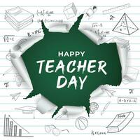 Happy teacher's day greeting card in torn paper style with school tools doodle vector