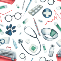 Veterinär medizinisch Instrumente, Medikamente, Stethoskop, Blau Kreuz. Aquarell Illustration, Hand gezeichnet. nahtlos Muster zum Hintergrund, Verpackung, Stoff, Kleider png