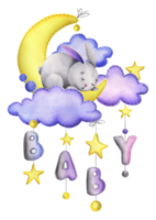 A cute gray stitched bunny lies and sleeps on a yellow moon with clouds, stars, the letters BABY hanging on ropes with bows. Watercolor illustration, hand drawn. Composition png