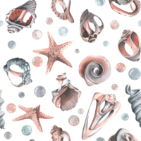 Various broken seashells and starfish, bubbles. Watercolor illustration hand drawn. Seamless pattern for fabric textiles, wallpaper, packaging, beach and summer prints png