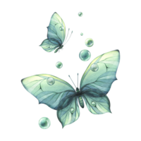 Blue, turquoise butterflies with a beautiful pattern on the wings flying with dew bubbles. Watercolor illustration hand drawn. Composition png