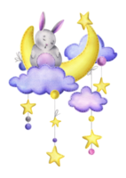 A cute gray bunny stitched sits and sleeps on a yellow moon with hanging stars, dots, clouds. Watercolor illustration, hand drawn. Isolated composition png