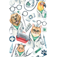 Veterinary doctors hamster, dog, cat, parrot, pet carrier, medicines. Watercolor illustration, hand drawn. Seamless border png