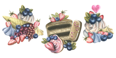 en uppsättning av kakor med brownies, munkar, maräng, klubbor, jordgubbar och blåbär. vattenfärg illustration hand ritade. uppsättning av isolerat kompositioner png