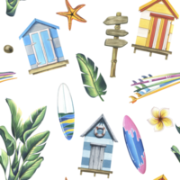 Beach cabins, surfboards, palm trees, flowers, coconuts. Watercolor illustration hand drawn. Seamless pattern png