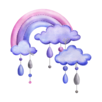 A stitched rainbow with clouds and raindrops hanging from ropes in blue, purple and pink. Childish cute hand drawn watercolor illustration. Isolated composition png