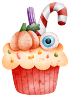 Isolated cute spooky halloween cupcake dessert with pumpkin eyeball and candy in watercolor style and transparent background png