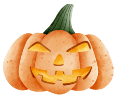 Isolated cute spooky carved pumpkin watercolor style in transparent background png