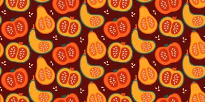 Seamless pattern with hand drawn pumpkins and seeds on dark background. Autumn, fall, thanksgiving decoration. vector