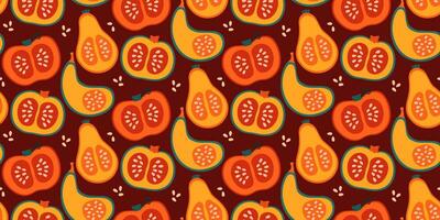 Seamless pattern with hand drawn pumpkins and seeds on dark background. Autumn, fall, thanksgiving decoration. vector