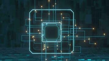 Circuit lines and chip with black background, 3d rendering. video