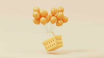 Loop animation of shopping basket with balloons, 3d rendering. video